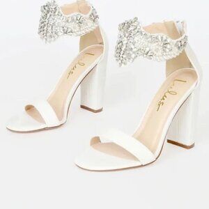 Lulus Dannah High Heels 11 White Suede Rhinestone Pearl Sandals Wedding Bridal
